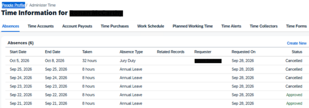 SAP SuccessFactors absences after the termination date showing Cancelled status