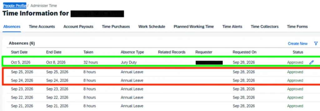 SAP SuccessFactors employee absences before termination showing SF-created and S/4HANA-created absences