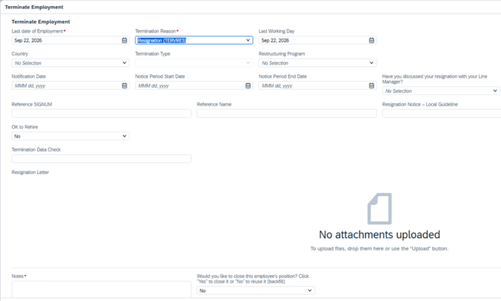 SAP SuccessFactors Terminate Employment showing last date of employment