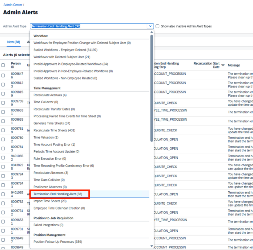 SAP SuccessFactors Admin Alerts showing the Termination End Handling Alert