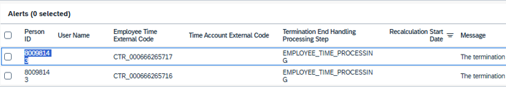 SAP SuccessFactors Termination End Handling alerts for an employee at EMPLOYEE_TIME_PROCESSING