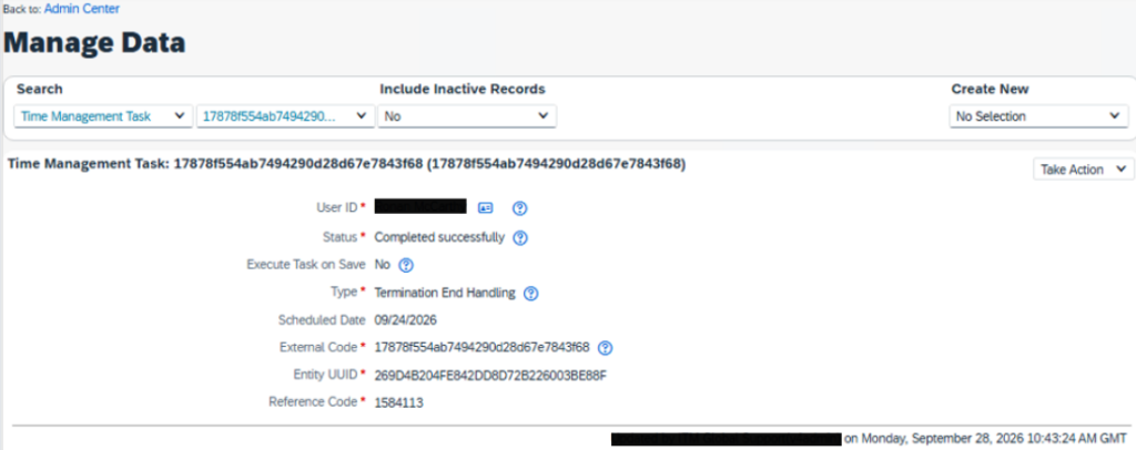 SAP SuccessFactors Termination End Handling task showing Completed successfully
