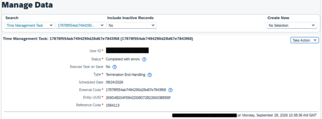 SAP SuccessFactors Termination End Handling task showing Completed with errors