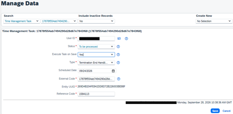SAP SuccessFactors Termination End Handling task set to To be processed with execution on save enabled