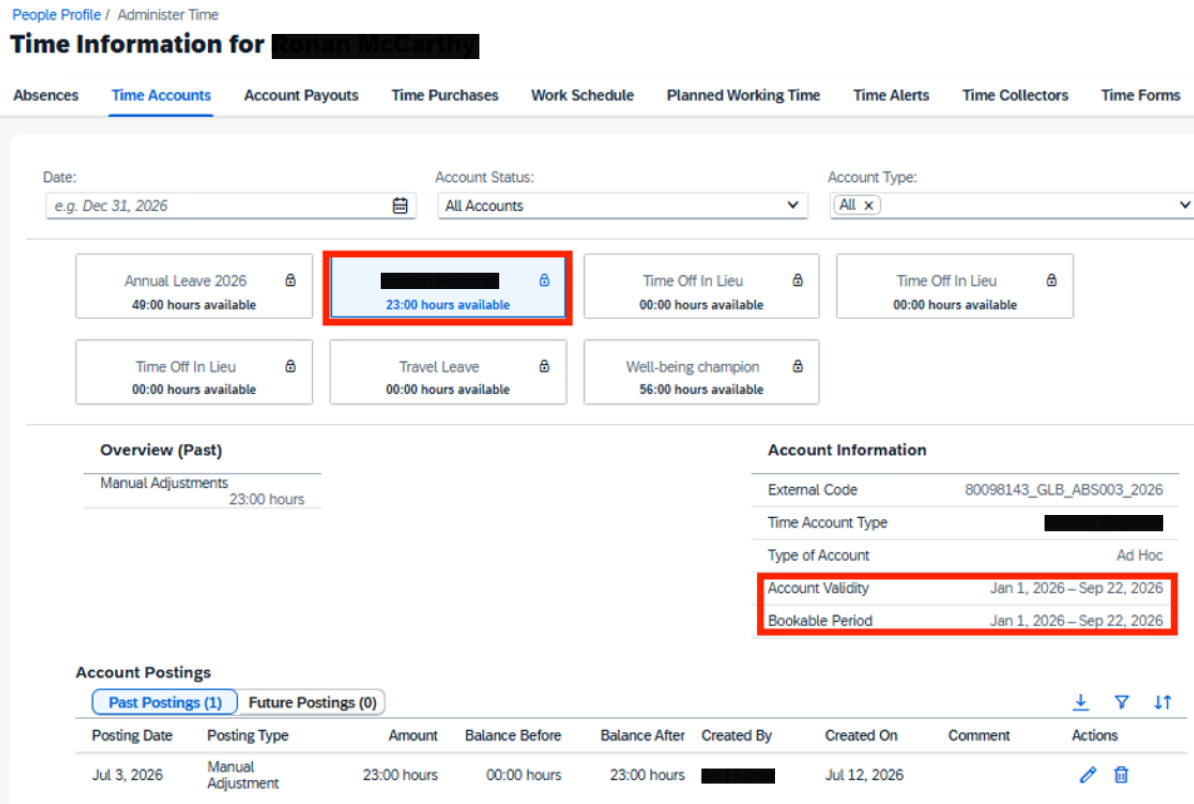 SAP SuccessFactors Time Accounts showing Account Validity and Bookable Period before termination